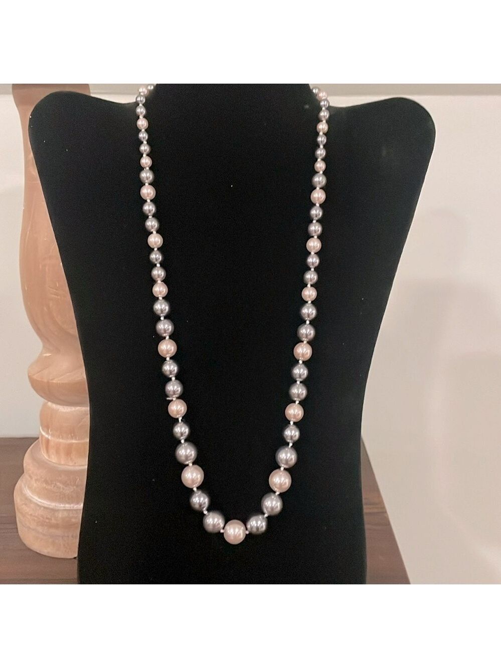 Vintage Graduated Gray Ivory Faux Pearl Knotted Necklace Sterling Silver Clasp